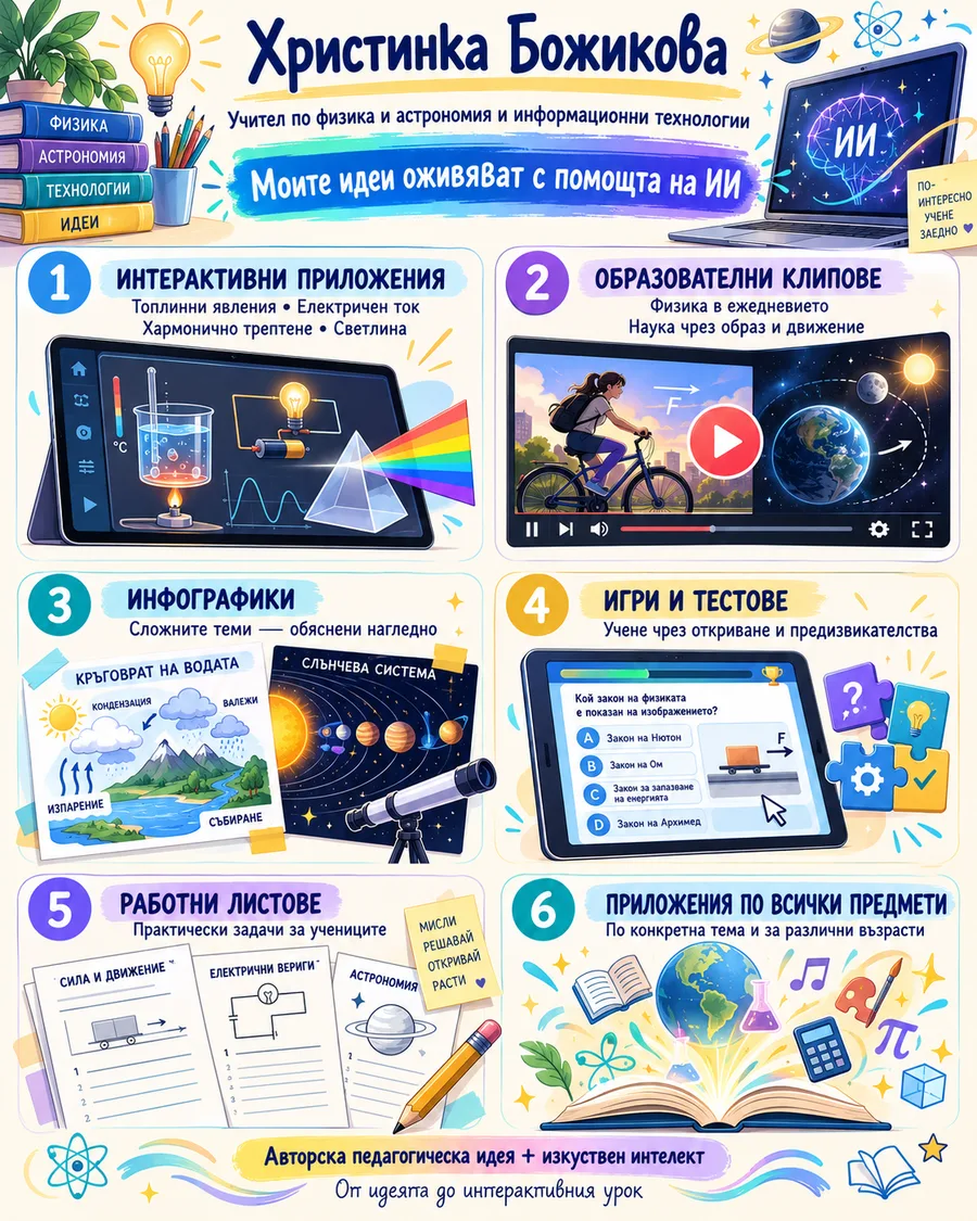 Инфографика: Христинка Божикова — интерактивни приложения, образователни клипове, инфографики, игри и тестове, работни листове и приложения по всички предмети